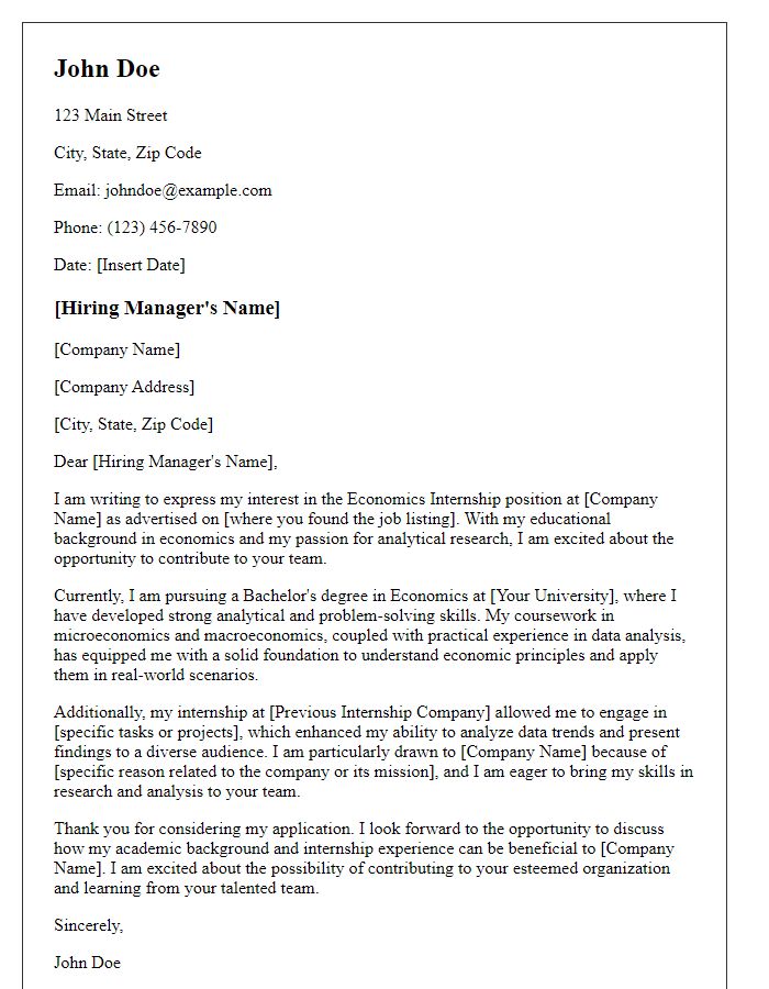 Letter template of Economics Internship Cover Letter