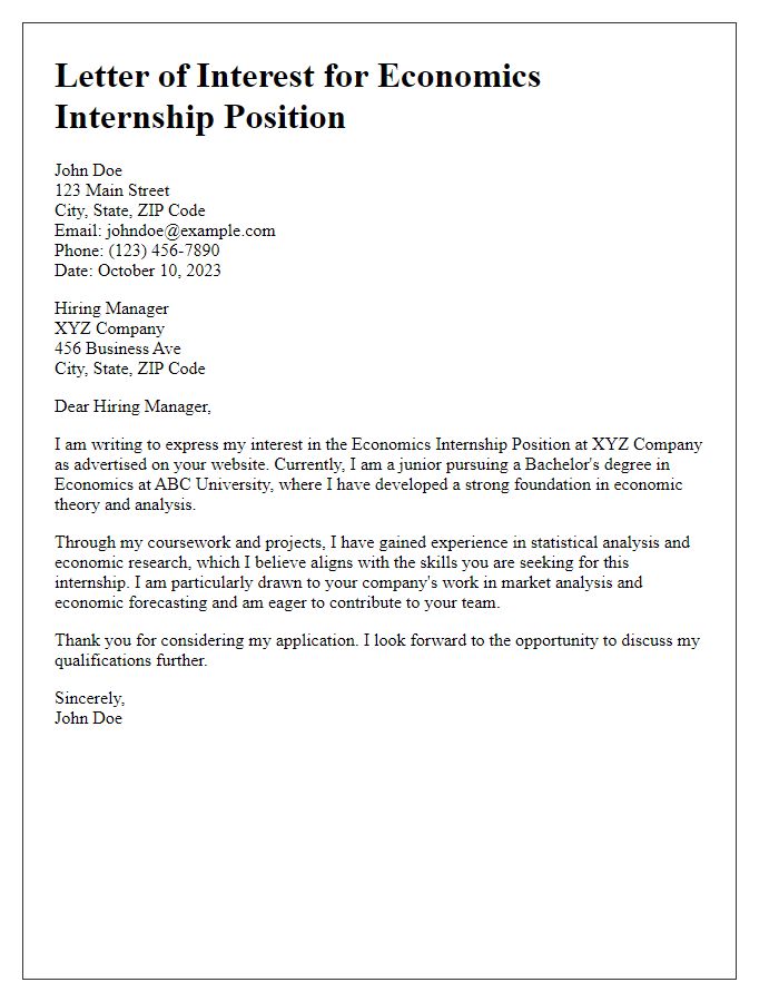 Letter template of Interest in Economics Internship Position