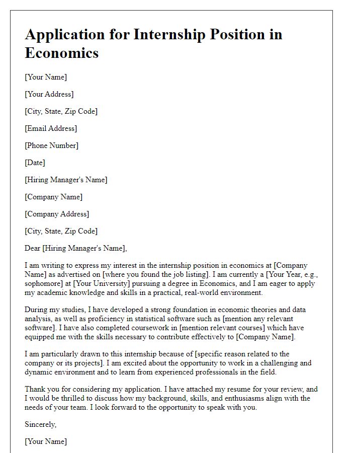 Letter template of Internship Application for Economics Position