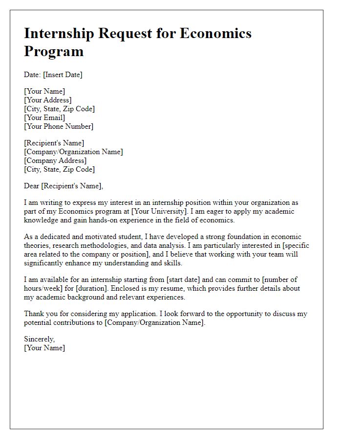 Letter template of Internship Request for Economics Program