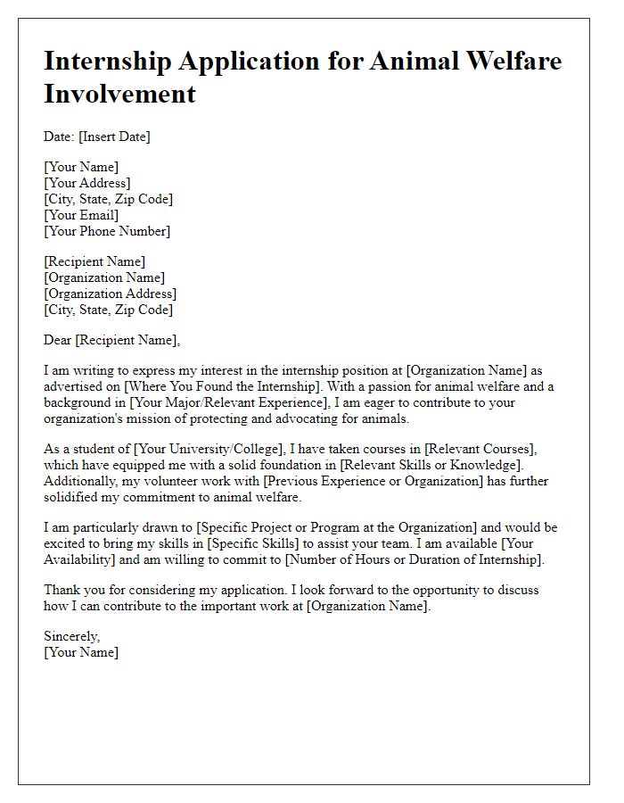 Letter template of internship application for animal welfare involvement