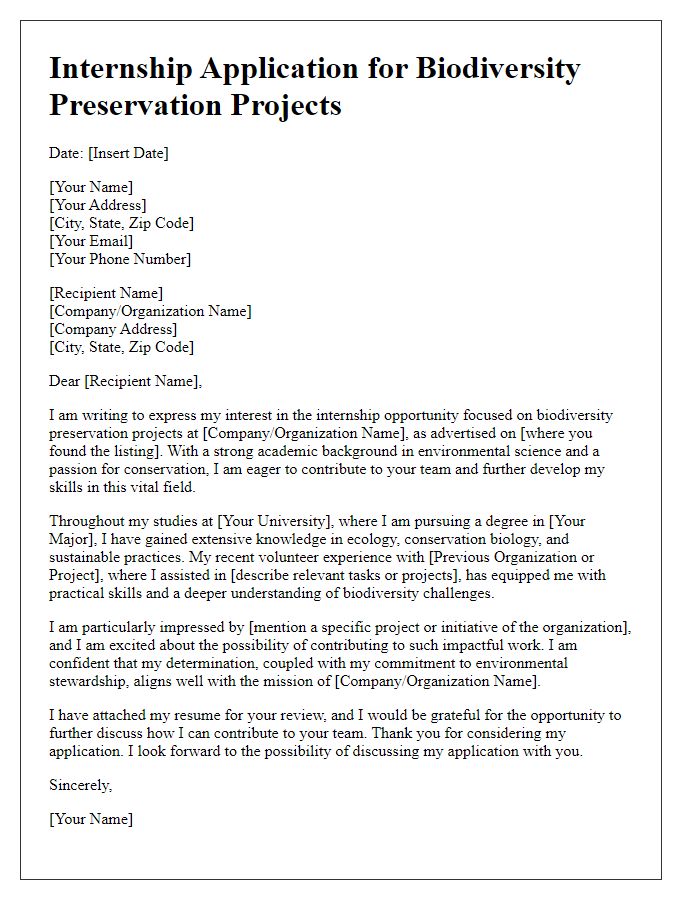 Letter template of internship application for biodiversity preservation projects