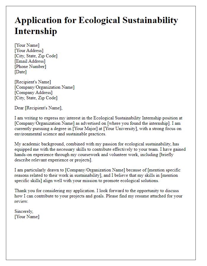 Letter template of internship application for ecological sustainability internships