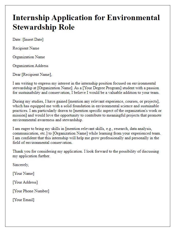 Letter template of internship application for environmental stewardship roles