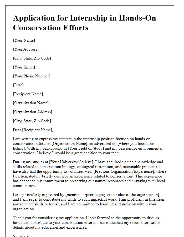 Letter template of internship application for hands-on conservation efforts