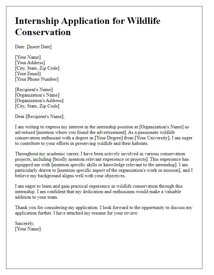 Letter template of internship application for wildlife conservation enthusiasts