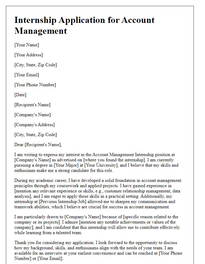 Letter template of internship application for an account management internship