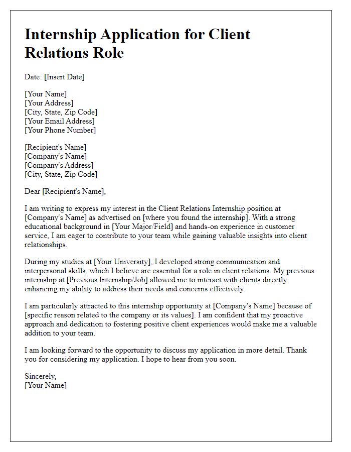 Letter template of internship application for a client relations role