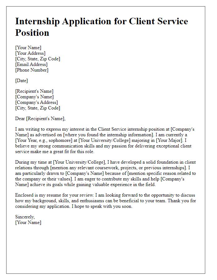 Letter template of internship application for a client service internship