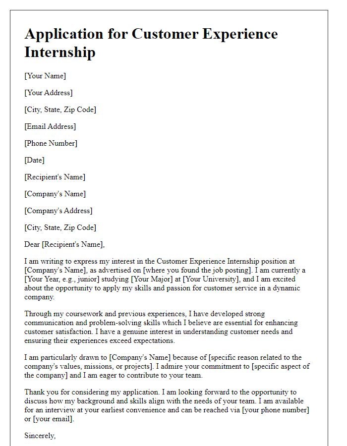 Letter template of internship application for a customer experience internship