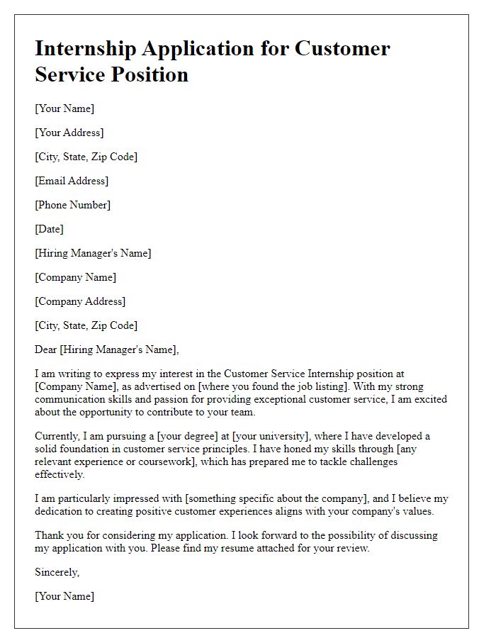 Letter template of internship application for a customer service position