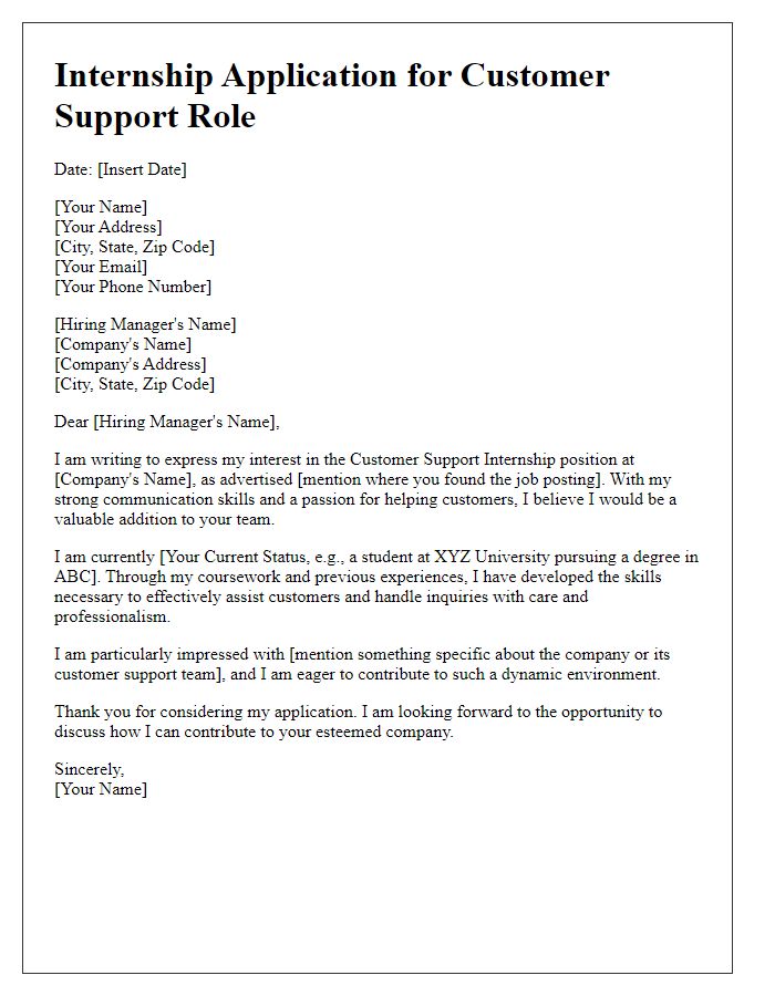 Letter template of internship application for a customer support role