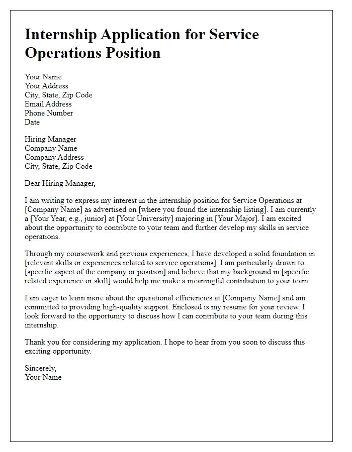 Letter template of internship application for a service operations position