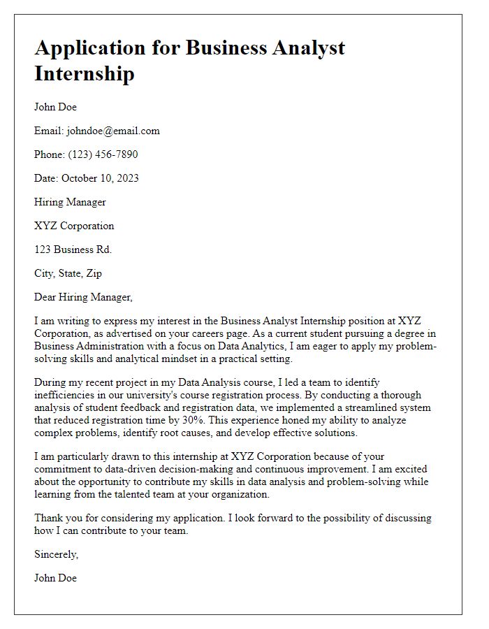 Letter template of business analyst internship application showcasing problem-solving abilities.