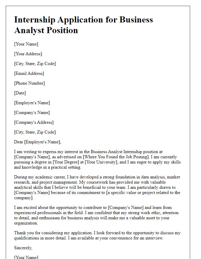 Letter template of internship application for business analyst position.