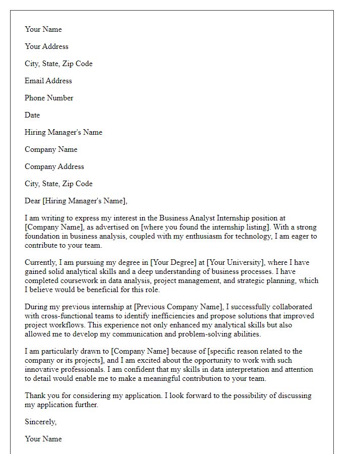 Letter template of internship application for business analyst role in tech company.