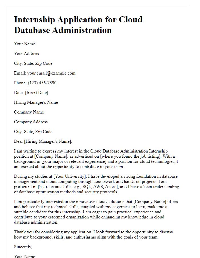 Letter template of internship application for cloud database administration