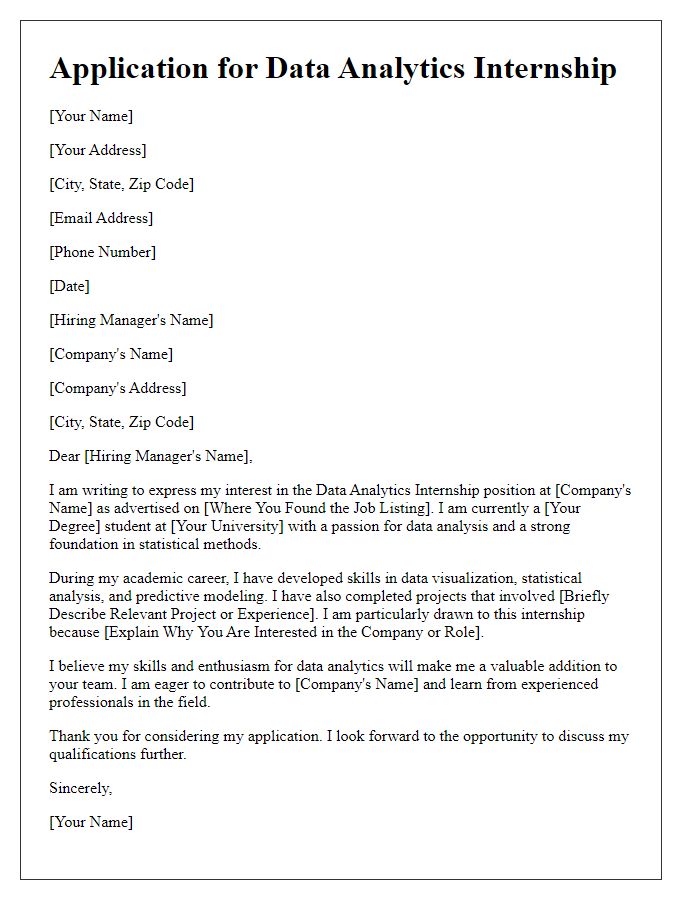 Letter template of internship application for data analytics position