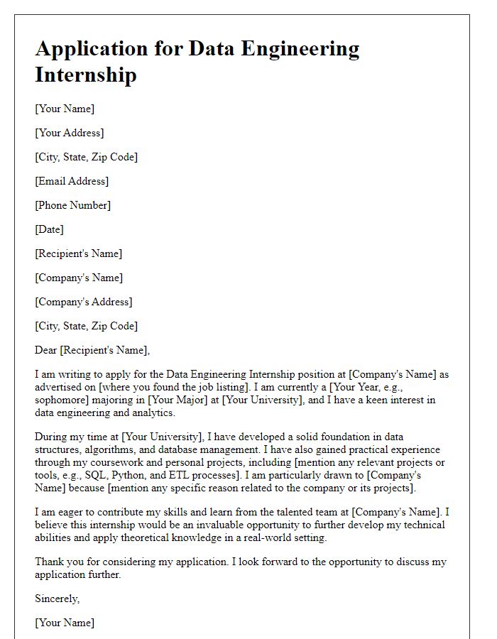 Letter template of internship application for data engineering position