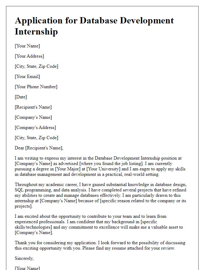 Letter template of internship application for database development role