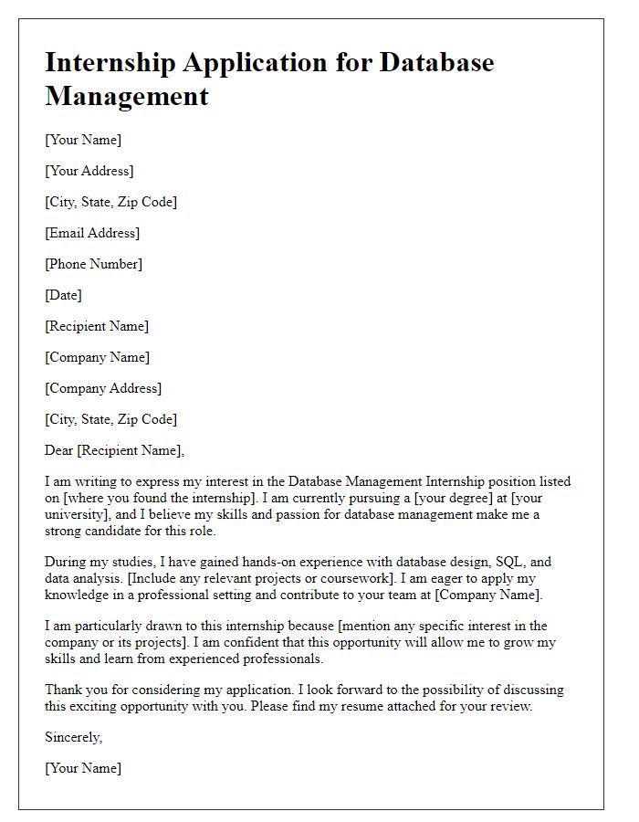 Letter template of internship application for database management