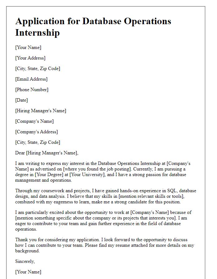 Letter template of internship application for database operations internship