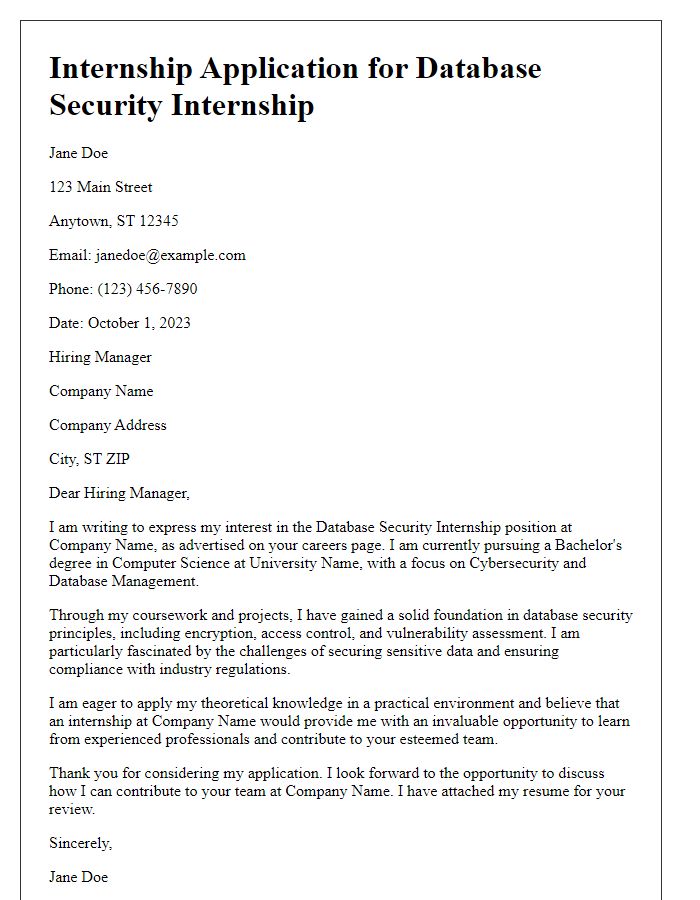 Letter template of internship application for database security internship