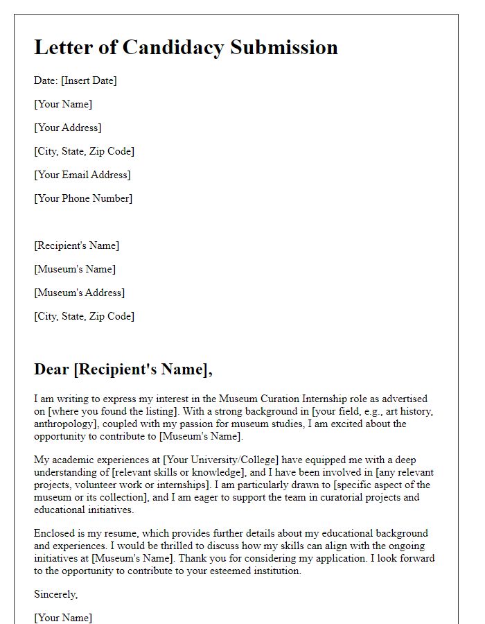 Letter template of candidacy submission for museum curation internship role