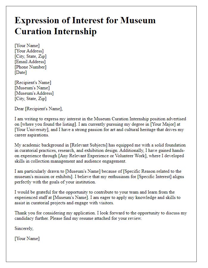 Letter template of expression of interest for museum curation internship