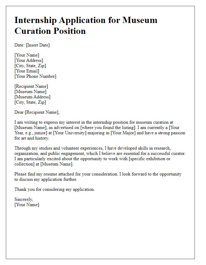 Letter template of internship application for museum curation position