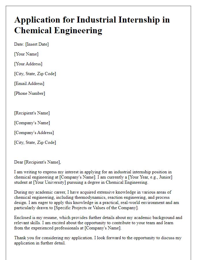 Letter template of application for industrial internship in chemical engineering