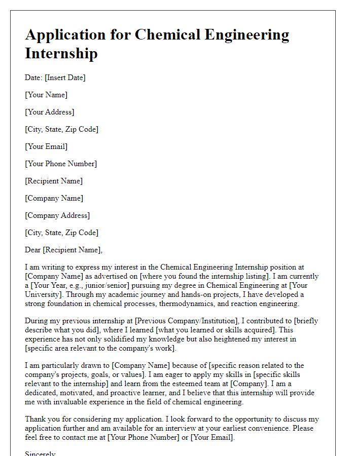 Letter template of chemical engineering internship application for advanced students