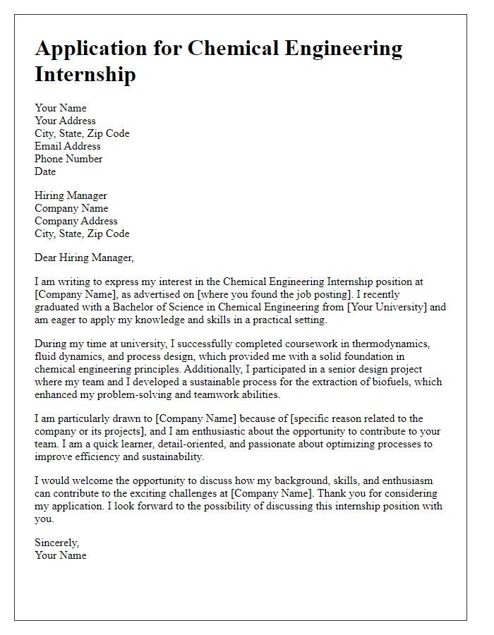 Letter template of chemical engineering internship application for recent graduates