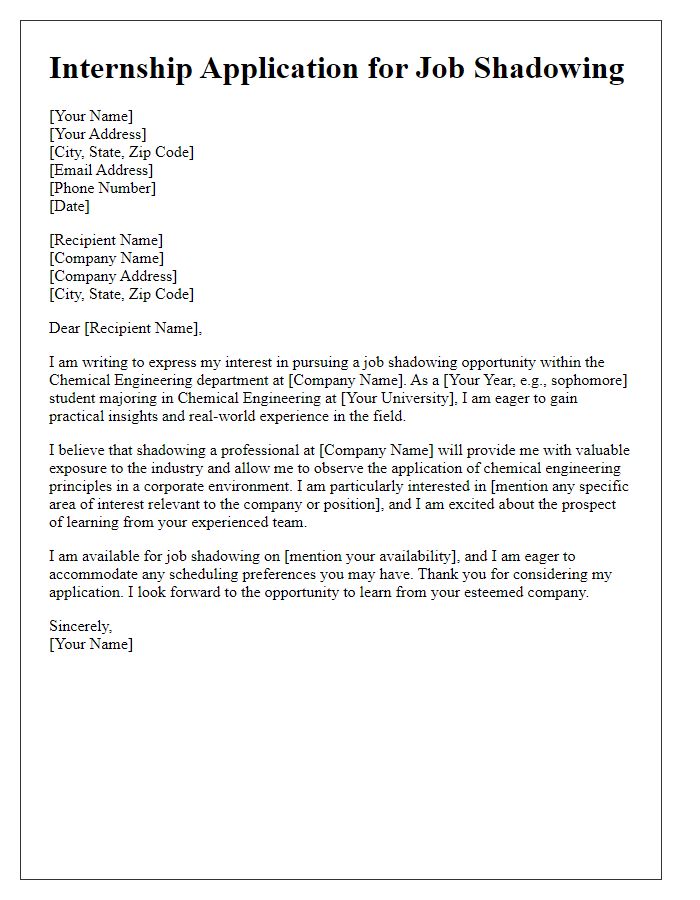 Letter template of internship application for chemical engineering job shadowing