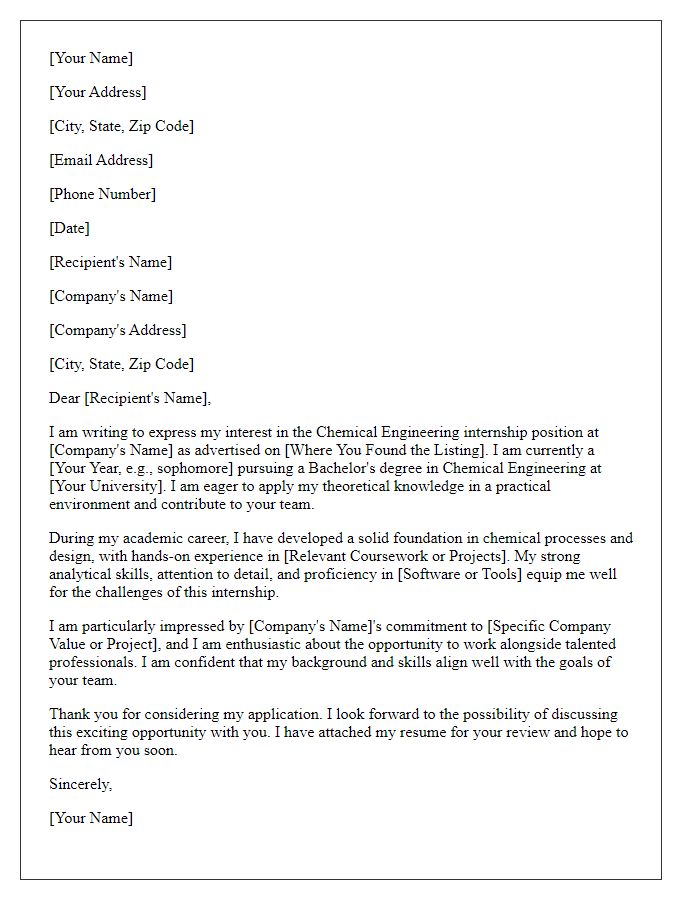 Letter template of internship application for chemical engineering position