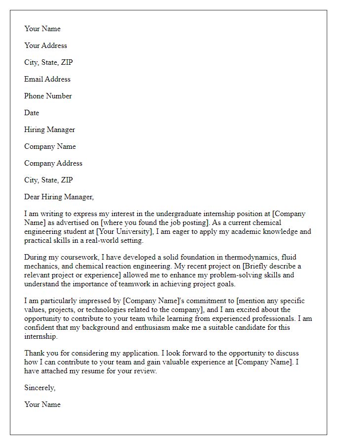 Letter template of undergraduate internship application for chemical engineering