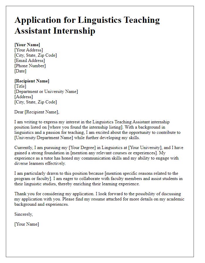 Letter template of internship application for a linguistics teaching assistant