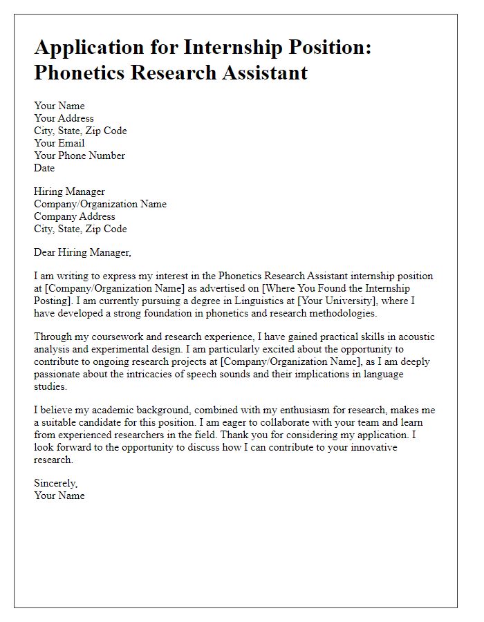 Letter template of internship application for a phonetics research assistant