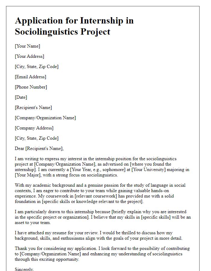 Letter template of internship application for a sociolinguistics project