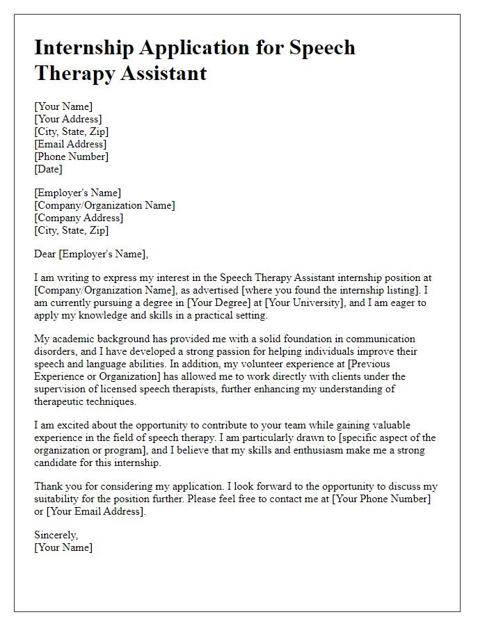 Letter template of internship application for a speech therapy assistant