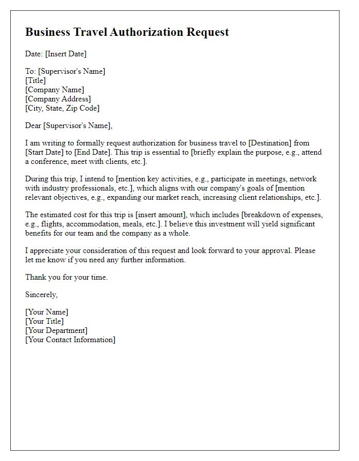 Letter template of explanation for business travel authorization request