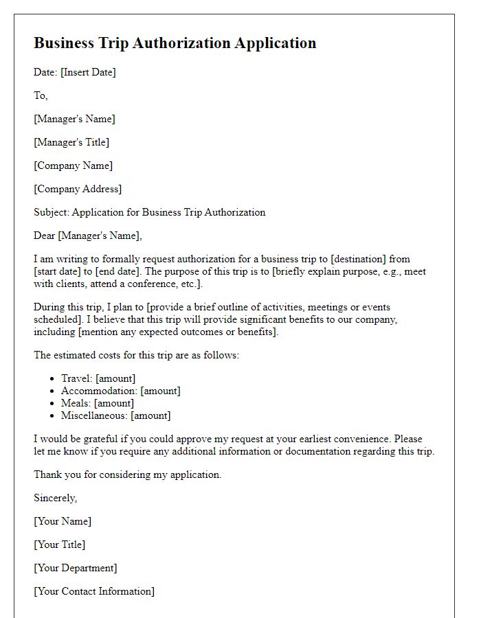 Letter template of formal application for business trip authorization