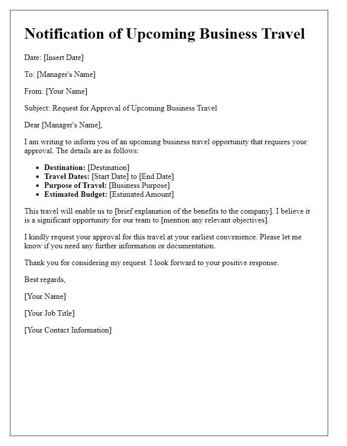 Letter template of notification for upcoming business travel needing approval