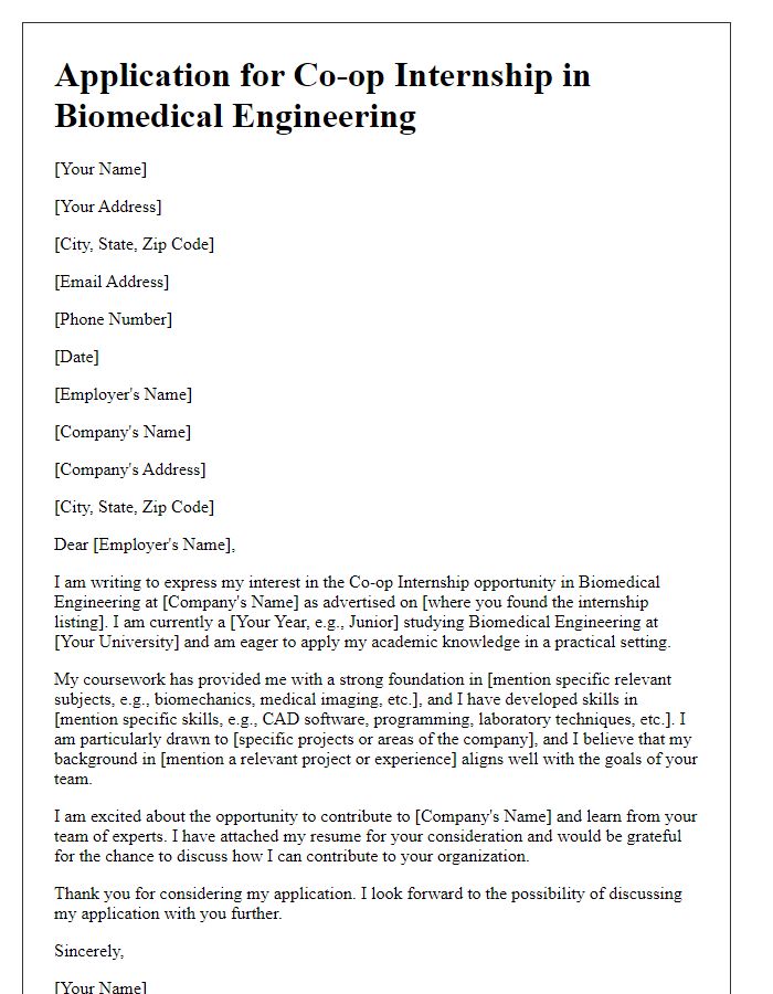 Letter template of co-op internship application in biomedical engineering