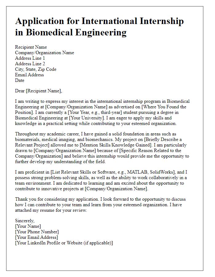 Letter template of international internship application for biomedical engineering