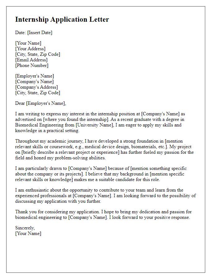 Letter template of internship application for biomedical engineering graduates