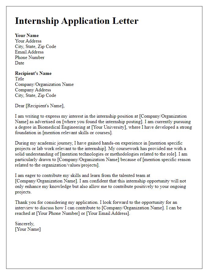 Letter template of internship application for biomedical engineering students