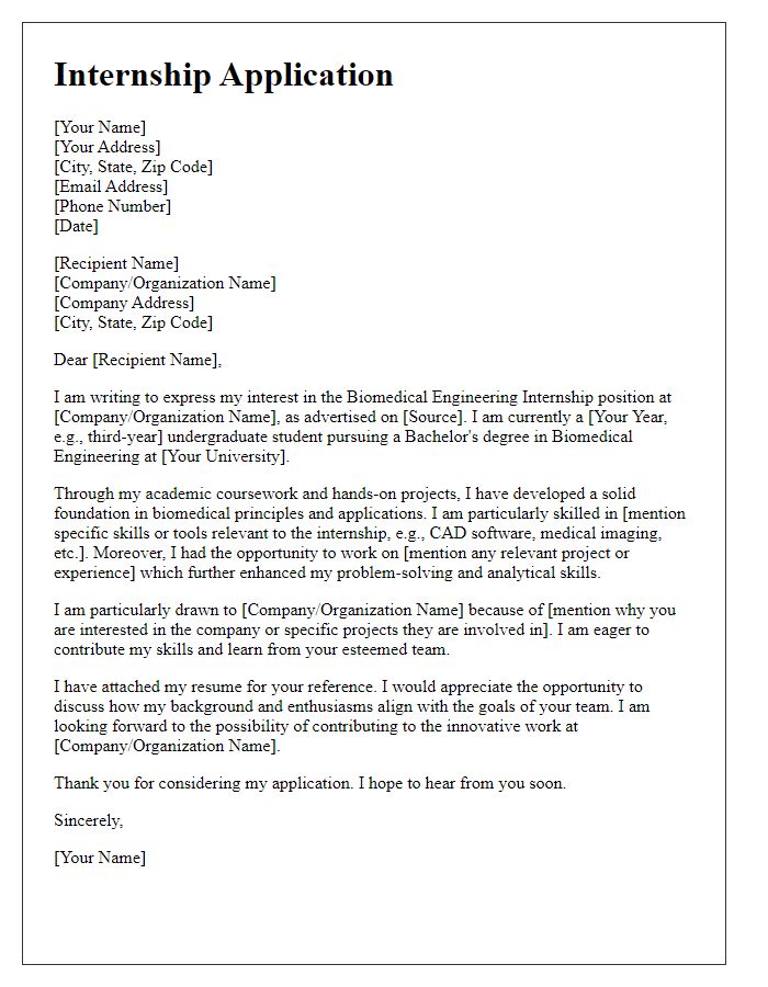 Letter template of internship application for biomedical engineering undergraduates