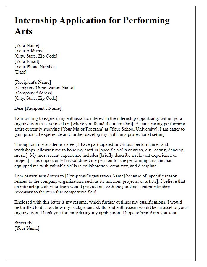 Letter template of internship application for aspiring performing artists.