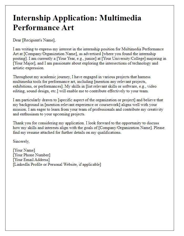 Letter template of internship application for multimedia performance art candidates.